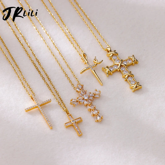 Zircon Cross Pendant Necklace for Women Gold Color Stainless Steel Collar Neckalces 2025 Trend Goth Party Wedding Jewelry Gifts