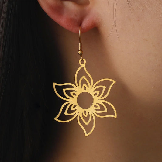 Eternal Flower Dangle Earrings Exquisite Gold Color Flower Earrings For Women Girl Luxury Stainless Steel Jewelry ohrringe damen