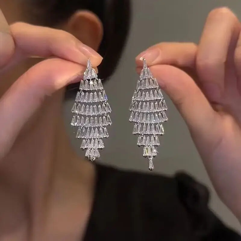 Fashion Luxury Geometric Dangle Drop Earrings for Women Wedding Party Jewelry Accessories Gorgeous Cubic Zirconia Bridal Brincos