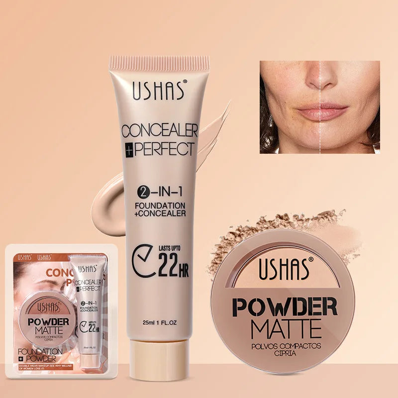Foundation + Powder Combo Set Brighten Skin Color Waterproof Anti-sweat Soft Focus Foundation