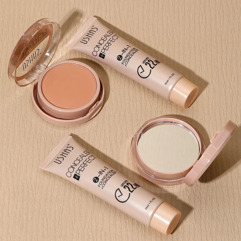 Foundation + Powder Combo Set Brighten Skin Color Waterproof Anti-sweat Soft Focus Foundation